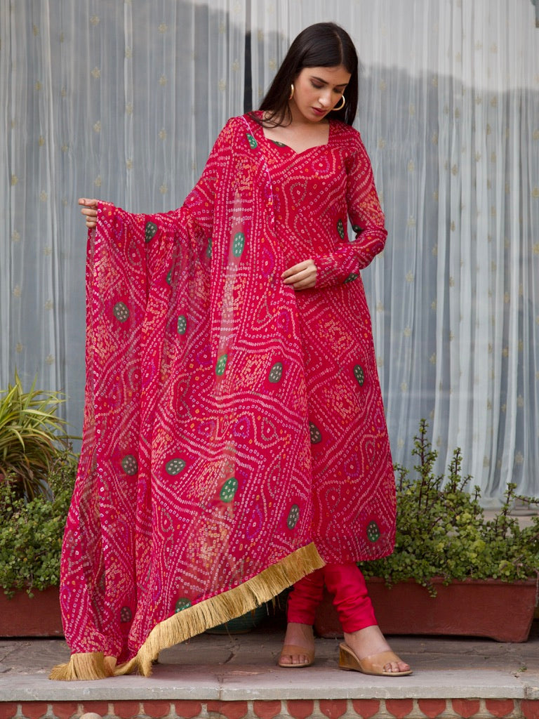 Red Bandhani Dress Set in Pure Georgette fabric with Gota Lace on Sleeve |  Kishori